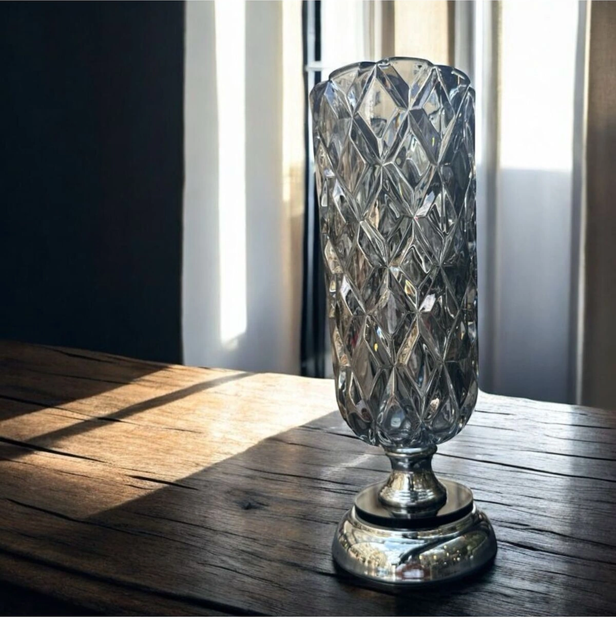 Dekoratif Kristal Cam Vazo Krom Kaplama Gümüş Gri