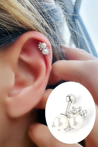 Zirkon Taş Detaylı İncili 925ayar Gümüş Tragus Kıkırdak Helix Piercing 06113735