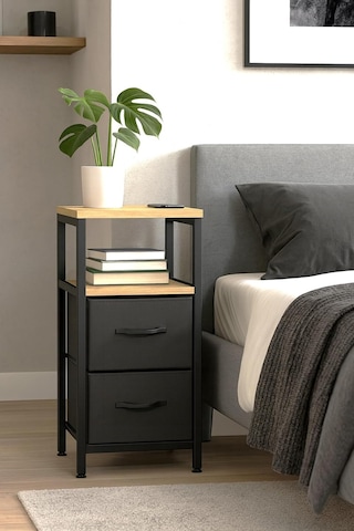 Miyuhome 2 Raflı Komodin Deri Çekmeceli Düzenleyici Yatak Odası Organizer Metal Komodin Antrasit Diğer