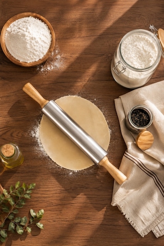Porsima Mnb05772 Ahşap Saplı Paslanmaz Çelik Merdana Oklava Hamur Pizza Börek Açma Oklava 38cm