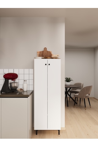 Ligno Mobilya Modern Çok Amaçlı Kiler Erzak Dolabı - 5 Raflı Geniş Mutfak & Banyo Düzenleyici, Robot Süpürge Uyumlu 147x50x30 Cm Beyaz