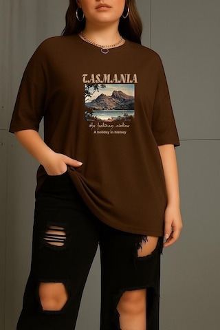 Büyük Beden Tasmania Baskılı Unisex Tişört Kahverengi