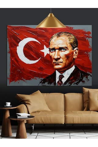 Türk Bayrağı Önünde Atatürk Dekoratif Kanvas - Mdf Ahşap Tablo