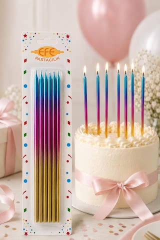 Metalik Gold Pembe Mavi Uzun Pasta Mumu 20 Cm Çok Renkli