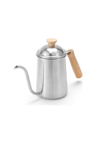 Fastbuy 304 Paslanmaz Çelik 650ml Taşınabilir Kahve Demleme Cezvesi, Ahşap Saplı Uzun Burunlu Gümüş Renkli Gümüş