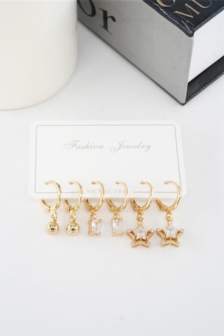 Kadın Zirkon Taşlı Sallantılı Yıldız Figürlü Klipsli 6'lı Küpe Seti Çok Renkli