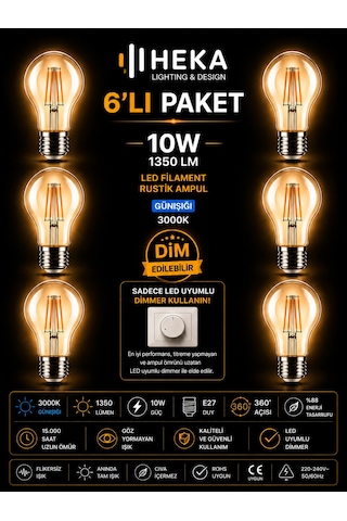 6 Adet Heka 10w Günışığı 3000k E27 Duylu Dim Edilebilir Led Rustik Ampul