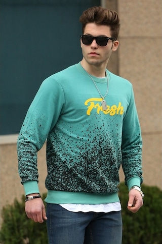 Yeşil Baskılı Bisiklet Yaka Sweatshirt