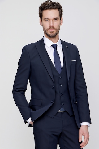 Morven Lacivert Yelekli Jakarlı Slim Fit Dar Kesim 6 Drop Erkek Takım Elbise Lacivert