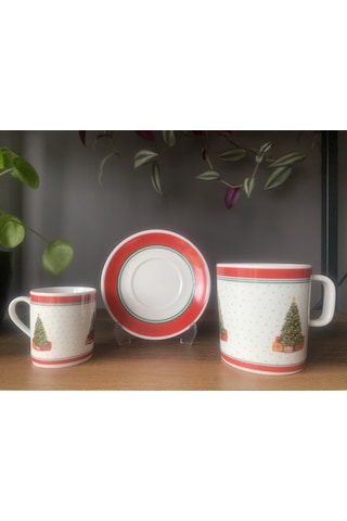Yeni Yıl-noel Çam Ağacı Model 6 Parça 2 Kişilik Kupa Ve Türk Kahvesi Fincanı Takımı Çok Renkli