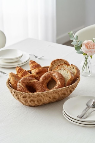 Rattan Piknik Hasır Ekmek Sepeti Meyve Sebze Sepeti Plastik Örme Ahşap