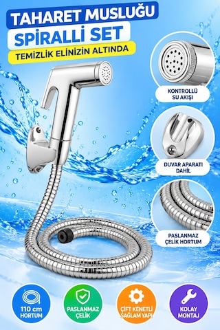 Krom Tabancalı Taharetmatik Taharet Musluğu Seti 100 Cm Spiral Çelik Hortumlu Duvar Askılı Wc Spreyi