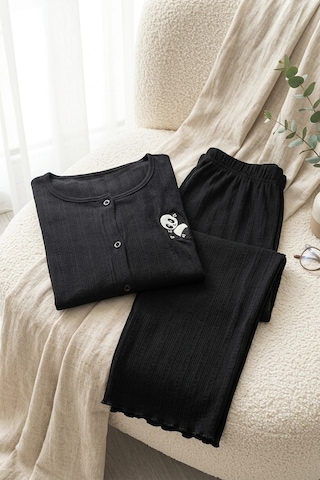 Mataş Kadın Ayıcık Desenli Bambu Viskon Kısa Kollu Yumuşak Soft Örme Pijama Takımı Siyah