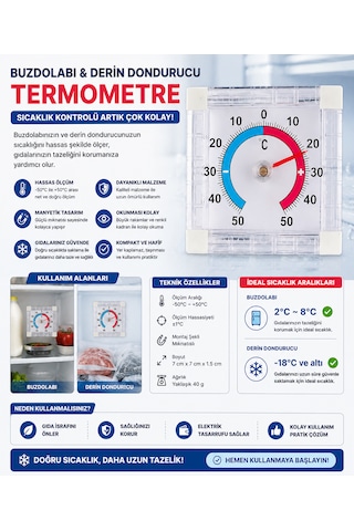 Bimetalik Kare Termometre Yapışkanlı Analog Ortam Sıcaklık Ölçer -50 C / +50 C