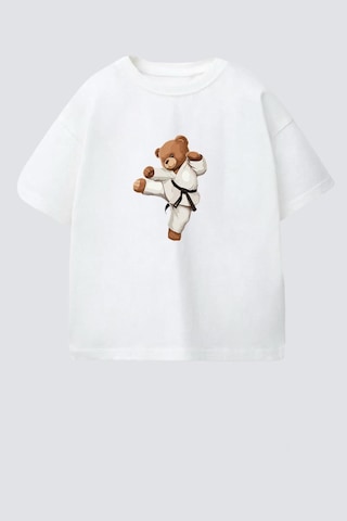 Monila Erkek Çocuk Pamuklu Bisiklet Yaka Karate Ayıcık Baskılı T-shirt Ekru