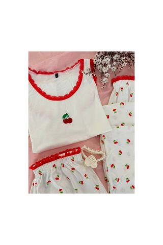 Mh Moony Homewears Fırfırlı Kiraz Dalı 3'lü Yumuşacık Pijama Kızıl