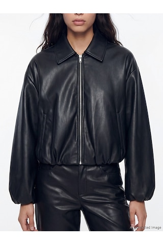 Lcw Vision Siyah Kadın Oversize Bomber Deri Görünümlü Ceket