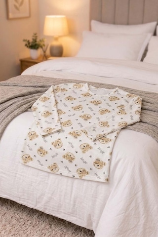 Kadın Pamuklu Desenli Kaşkorse Pijama Takımı Açık Bej