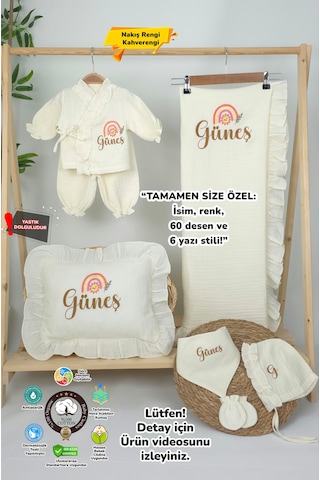 Gros Shop Müslin Yeni Doğan 4katlı Organik %100pamuk Kişiye Özgü Nakışlı Hastane Çıkış Seti Gökkuşağı Model-3 Ekru