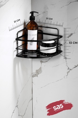 2’li Kancalı Yapışkanlı Banyo Duş Köşe Rafı – Ayarlanabilir Kristal Raf (Yapıştır/Vidala) Siyah-Siyah - LK-01 - SS