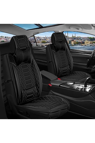 Peugeot 206 Uyumlu Lüks Deri Oto Koltuk Kılıfı Ön Arka Takım Set Tam Siyah Royal Series Fs