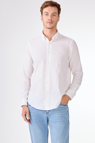 Beyaz Keten Düz Renk Regular Fit Erkek Gömlek Beyaz