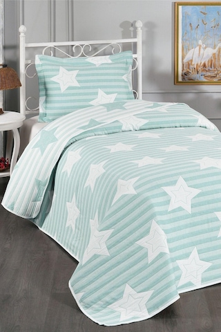 Evlen Home Pedri Yıldız Desenli Pamuklu Tek Kişilik Yatak Örtüsü Pike Takımı 2 Parça Çocuk Yatak Örtüsü Mint
