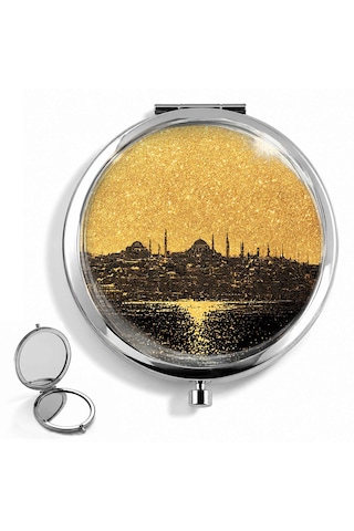 Makyaj Aynası İstanbul Silüeti Cep Aynası El Aynası Kişiye Özel Hazırlanabilir Çift Taraflı Yuvarlak Çanta Aynası Istanbul Temalı Hediye siyah