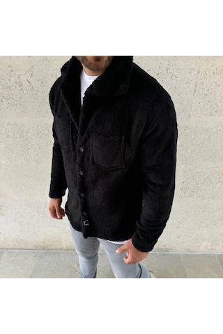 Erkek Pelüş Polar Hırka Gömlek Yakalı, İlik Düğmeli, Göğüs Cepli, Yumuşak Dokulu Kışlık Regular Fi Siyah
