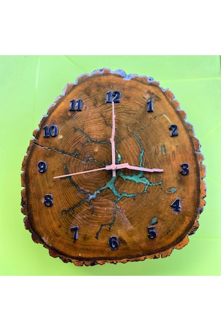 Lichtenberg Desenli Epoksi Kaplamalı Ahşap Duvar Saati Bronz