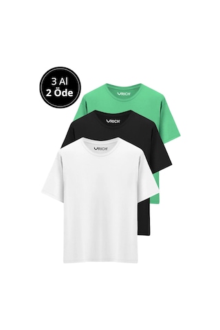 Rich Erkek 3 Lü Paket %100 Pamuk Oversize Tişört Basic Bisiklet Yaka Kısa Kollu T-shirt Yeşil