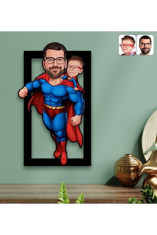 Bk Gift Kişiye Özel Süper Baba-çocuk Karikatürlü 3d Ahşap Tablo-4, Babalar Günü Hediyesi, Babaya Hediye Kobitmeyencom31596 Bk