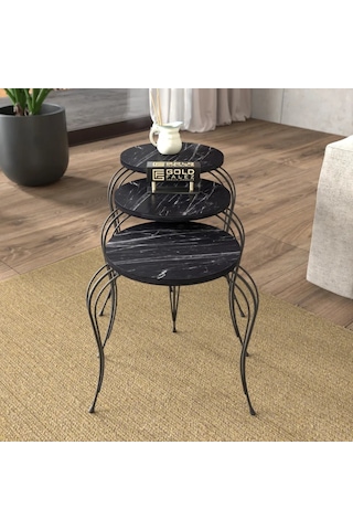 Reyo Falez Lükens Bendir Metal Ayaklı Mermer Desenli Zigon Sehpa Seti Modern Salon Ve Oturma Odası Sehpası Siyah Mermer