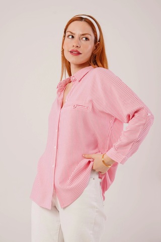 Cep Detay Çizgili Oversize Pembe Gömlek Pembe