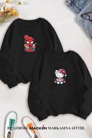 Macklin Sevgili Çift Kombin Spiderman Hello Kitty Yılbaşı Özel Baskılı Bisiklet Yaka Sweatshirt 2li Takım Siyah Mck1568 Siyah