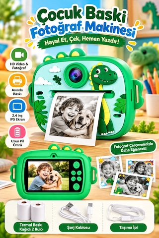 Blackbird Game Center Seyu SY-AM300 Şipşak Termal Yazıcılı Çocuk Dijital Fotoğraf Makinesi Yeşil