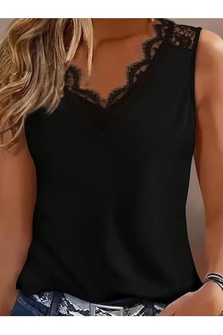 Modi Kadın Askılı V Dantel Yakalı Viskon Bluz Siyah