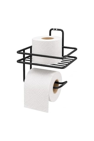 Yapışkanlı Siyah Raflı Tuvalet Kağıtlığı, Delmeden Montaj Duvar Tipi Tuvalet Kağıdı Tutucu, Banyo Ve Wc Organizer 16.5 x 12.2 x 11.2 CM