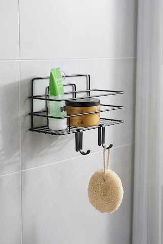Sas Haus Tekli Siyah Yapışkanlı Banyo Rafı + 2 Li Askı Kanca Seti Paslanmaz Metal Duş Şampuanlık Yapıştır/vidala Tş-01 Siyah