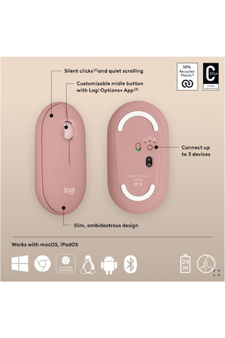 Pebble 2 M350s Kablosuz Bluetooth Sessiz Optik Mouse Pembe 910-007014 Diğer