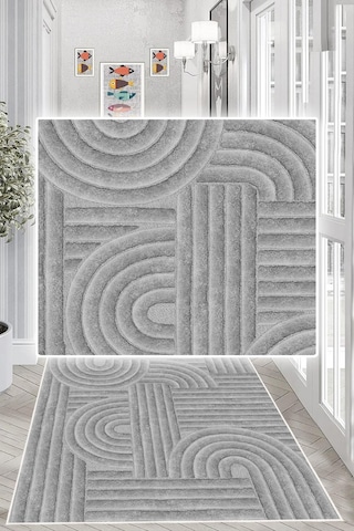 Geometrik Desenli Dekoratif Kaymaz Taban Yıkanabilir Yolluk Antre Hol Halısı Gri
