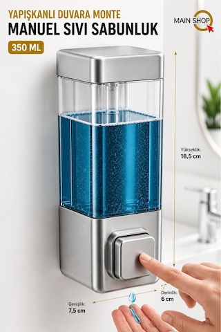 Mainshop 1 Adet Mutfak Banyo Otel Restoran Okul Hastane Uyumlu Şeffaf Hazneli Yapışkanlı Sabunluk 350 Ml M-53 Gri