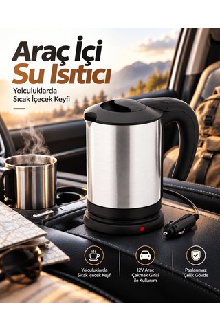 Shnstore Yolculuklar İçin 12v Araç Uyumlu Paslanmaz Çelik Taşınabilir Elektrikli Su Isıtıcı Shntknd0720