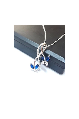 Brezza Lusso Jewelry Sonsuzluk Pırlanta Model Safir Taşlı Kelebek Kadın Gümüş Kolye 45 CM