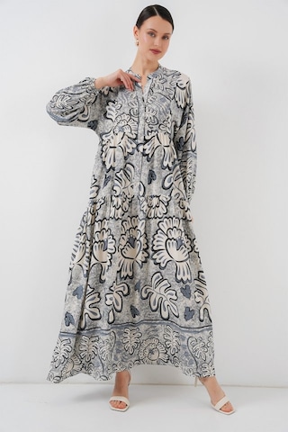 2423 Otantik Desenli Tesettür Elbise - K. Antrasit S
