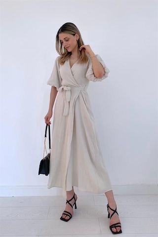 Elbee Fashion Woman Kuşaklı Müslin Elbise - Bej-7108