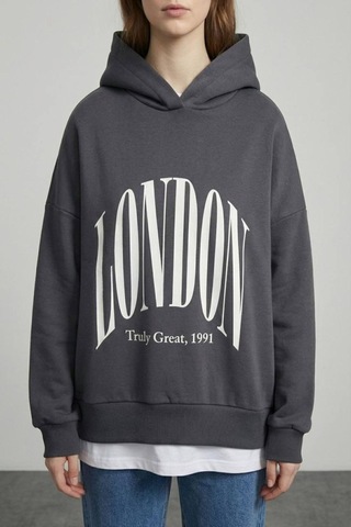 Quzu 01407 Kadın Baskı Detaylı Kapüşonlu Sweatshirt Antrasit