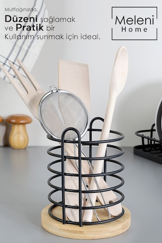 Bambu Tabanlı Metal Kaşıklık - Tezgah Üstü Dik Kaşıklık Mutfak Düzenleyici Dekoratif Organizer Bej
