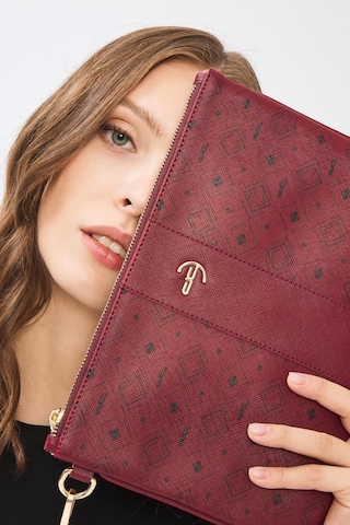 Deri Company Kadın Basic Clutch Çanta Monogram Desenli Şeritli Logolu Bordo 214002 Bordo - Siyah