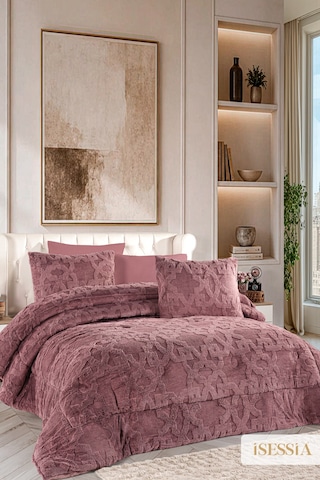 Lina Çift Kişilik Jakarlı Wellsoft Uyku Seti Çift Taraflı 230x250 Cm Çantalı Mürdüm